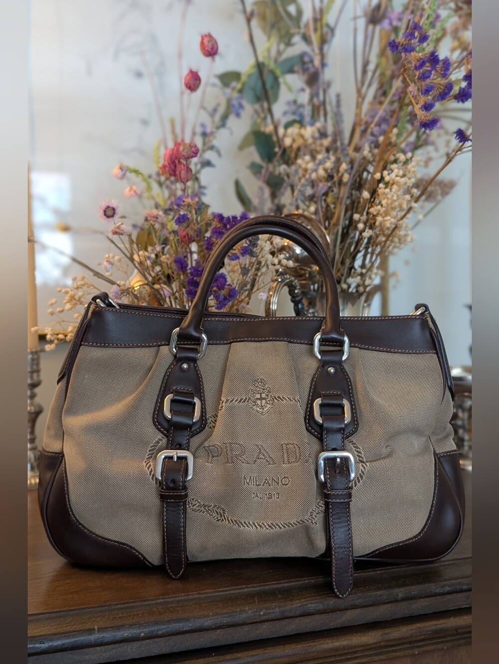 Prada Canapa Khaki Canvas and Dark Brown Leather Hand Bag